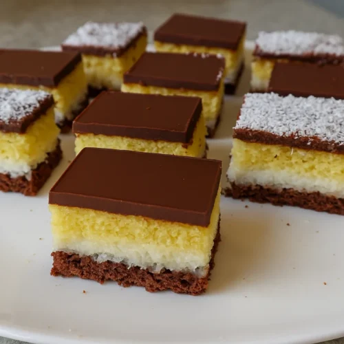 Hotový kokosový rez s dvoma cestami nakrájaný na tanieri.