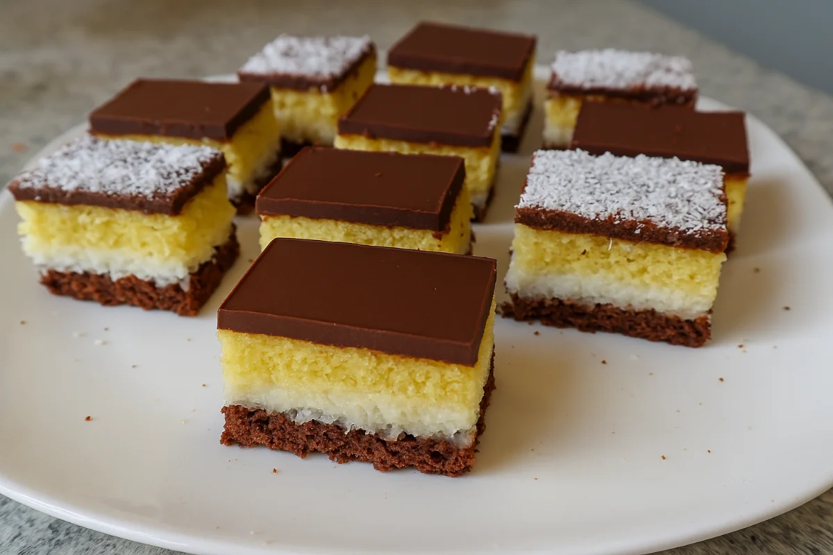 Hotový kokosový rez s dvoma cestami nakrájaný na tanieri.