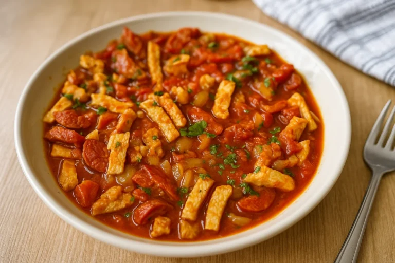 Šťavnaté bravčové po maďarsky servírované v hlbokom tanieri.