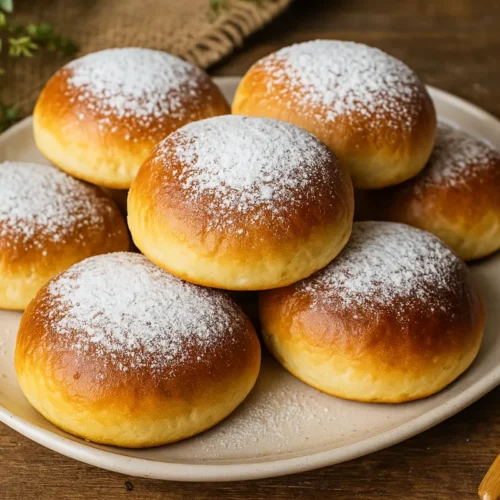 Nadýchané domáce buchty s čokoládou na tanieri, posypané cukrom.