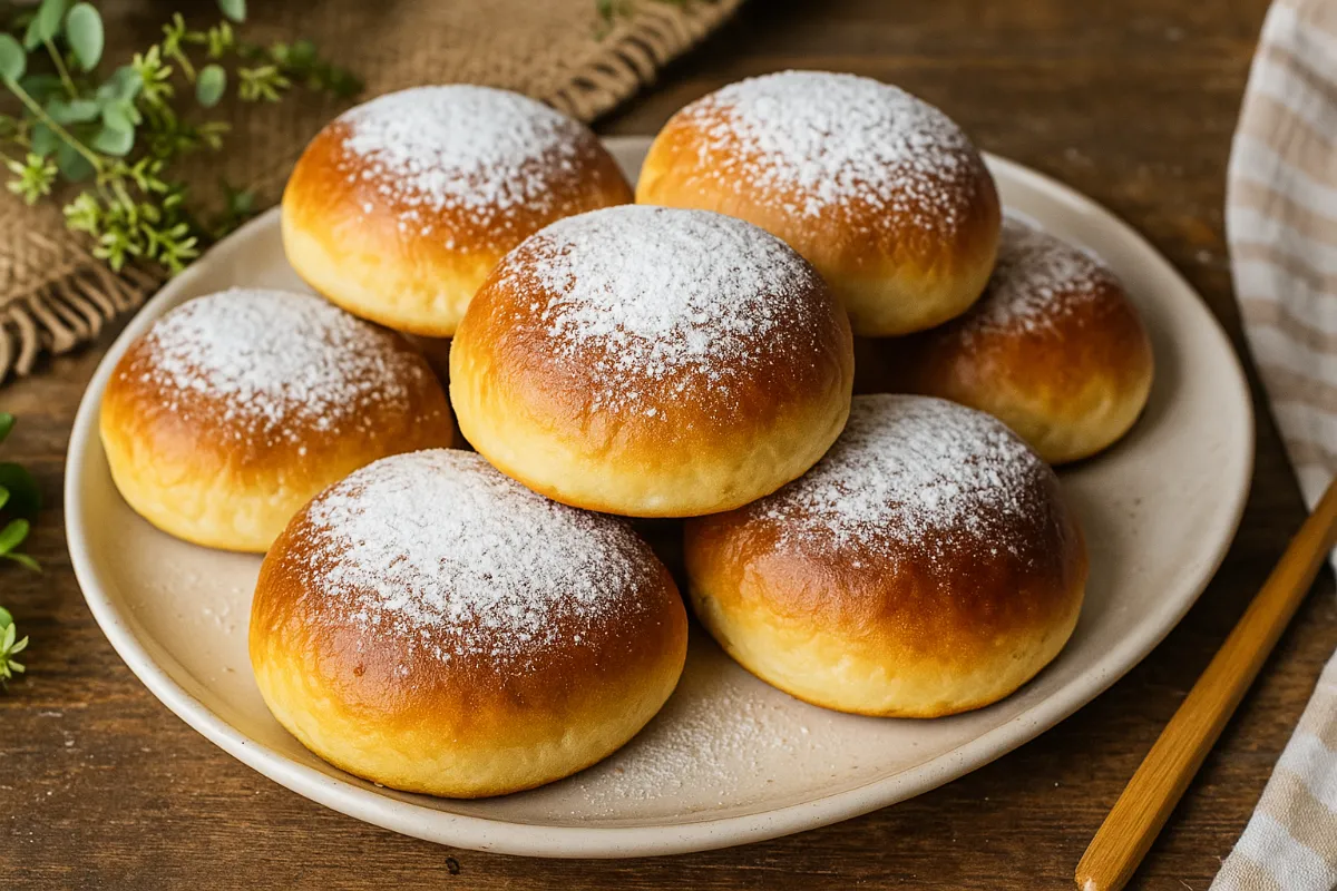 Nadýchané domáce buchty s čokoládou na tanieri, posypané cukrom.