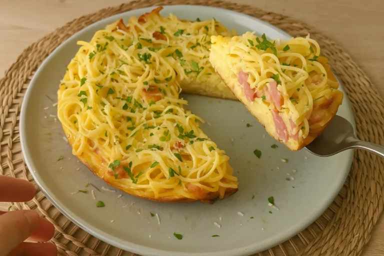 Hotová cestovinová omeleta so slaninou a parmezánom na tanieri.