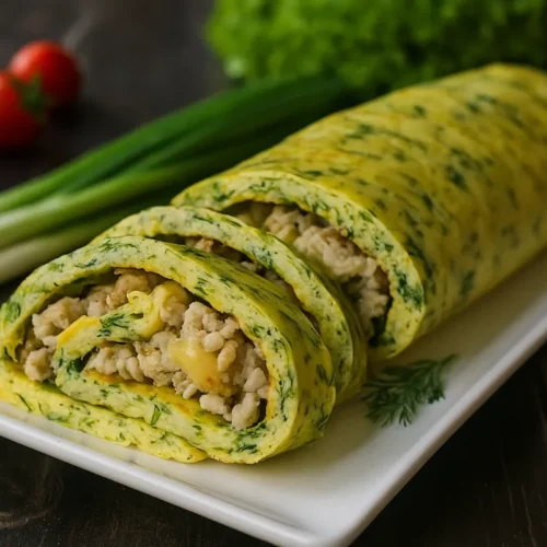 Cuketová roláda s kuracím mäsom a syrom na tanieri.