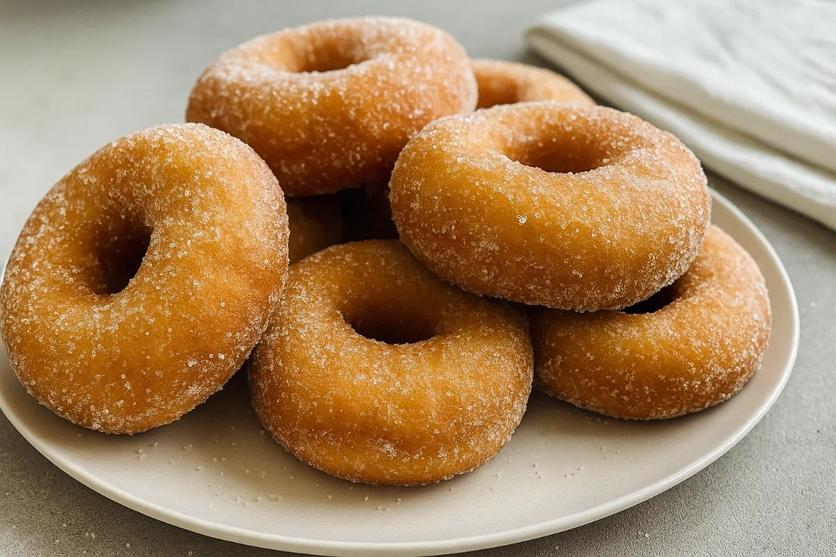 Cukrové donuty obalené v cukre na tanieri.