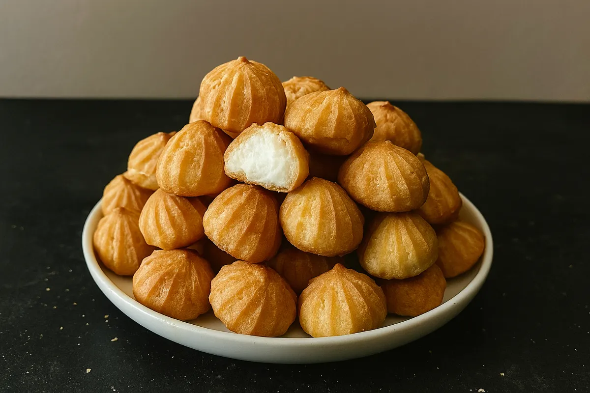 Domáce profiterolky plnené krémom na servírovacom tanieri.