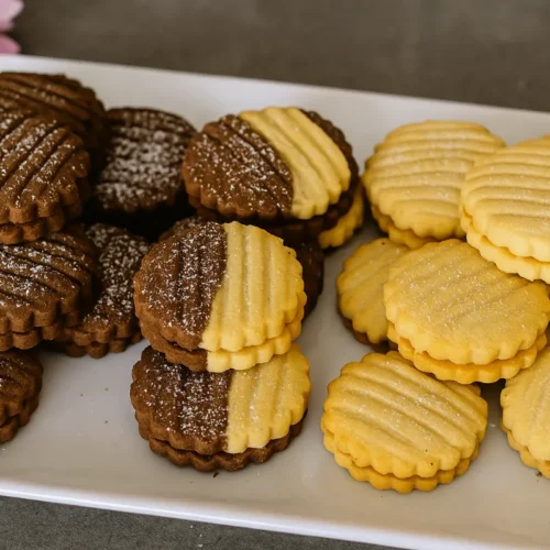 Hotové dvojfarebné vanilkové sušienky s Nutellou naaranžované na tanieri.