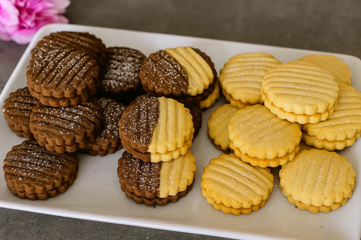 Hotové dvojfarebné vanilkové sušienky s Nutellou naaranžované na tanieri.