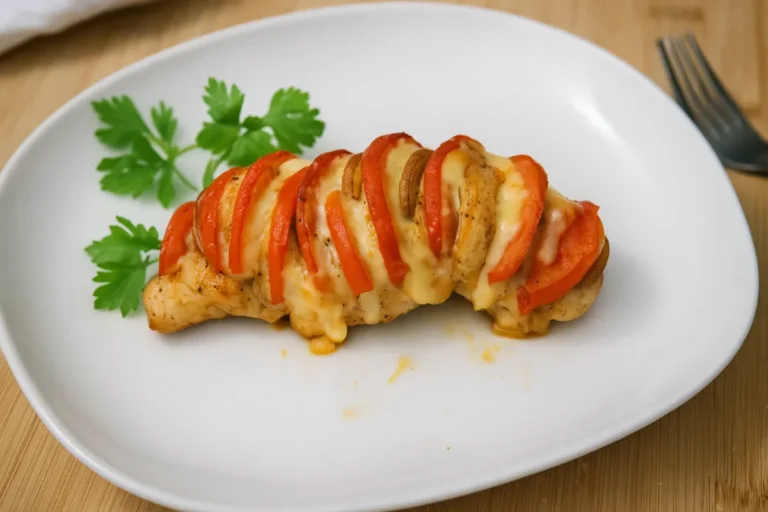 Kuracia harmonika plnená syrom a hubami na tanieri.