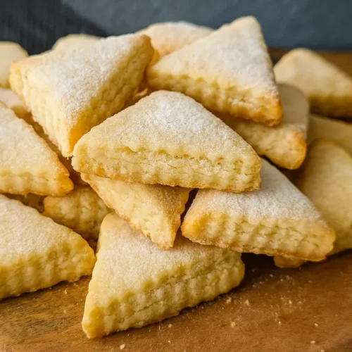 Hromada krehkých maslových sušienok v tvare trojuholníkov.