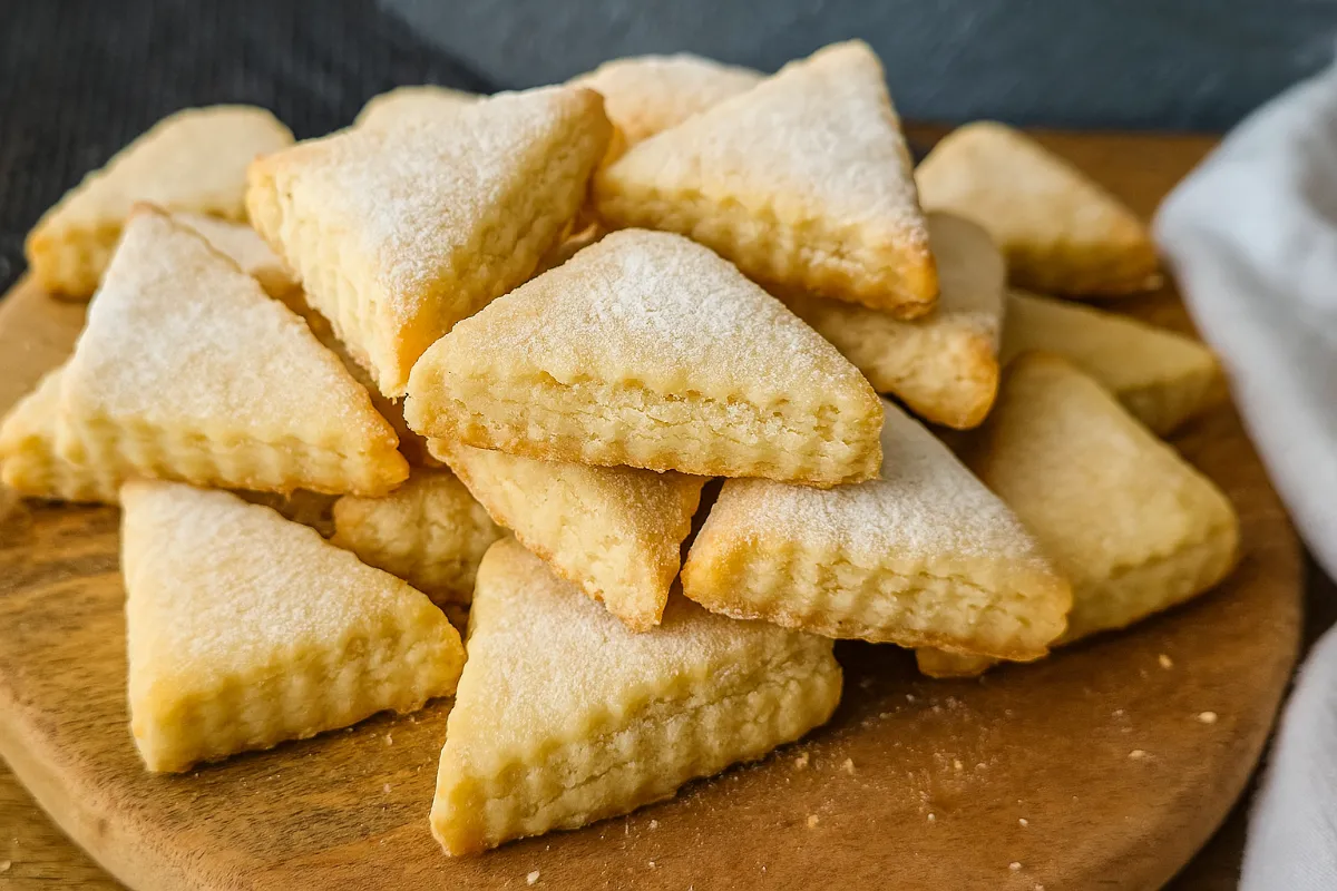 Hromada krehkých maslových sušienok v tvare trojuholníkov.