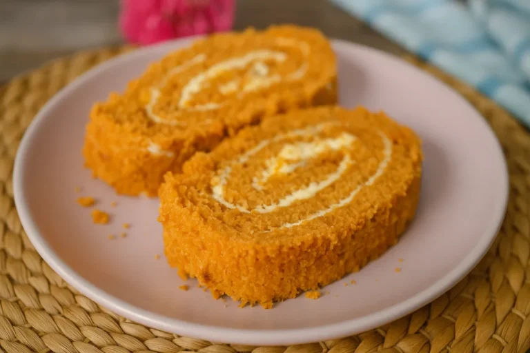 Domáca medovníková roláda so smotanovým krémom nakrájaná na tanieri.