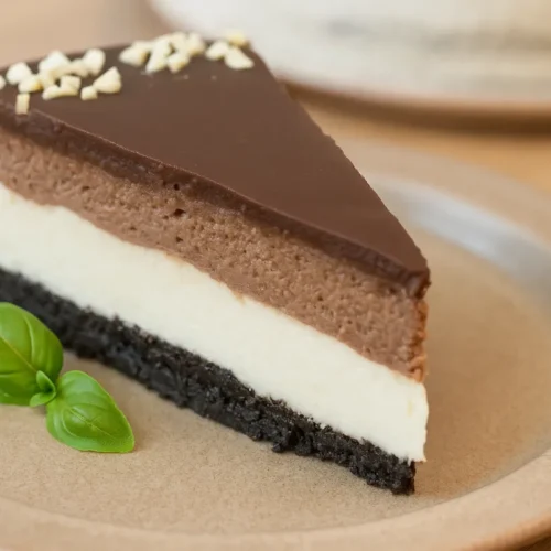 Krémový Nutellový Oreo cheesecake nakrájaný na trojuholník na bielom tanieriku, poliaty čokoládovou polevou a posypaný mandľami.