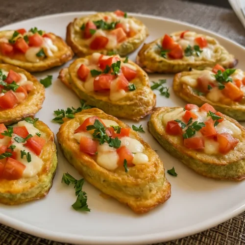 Obložená zapečená cuketa so syrom na tanieri.