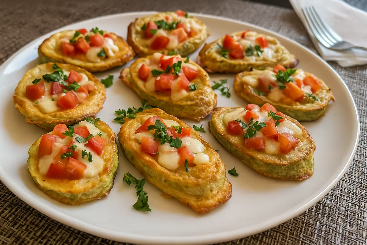 Obložená zapečená cuketa so syrom na tanieri.