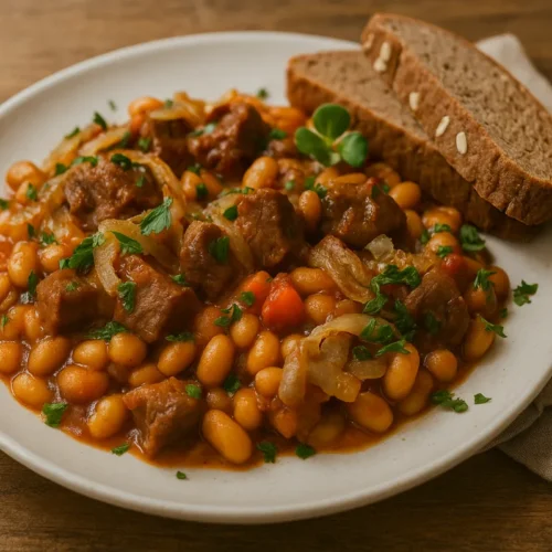 Pečená fazuľa s bravčovou krkovičkou servírovaná v tanieri s chlebom.