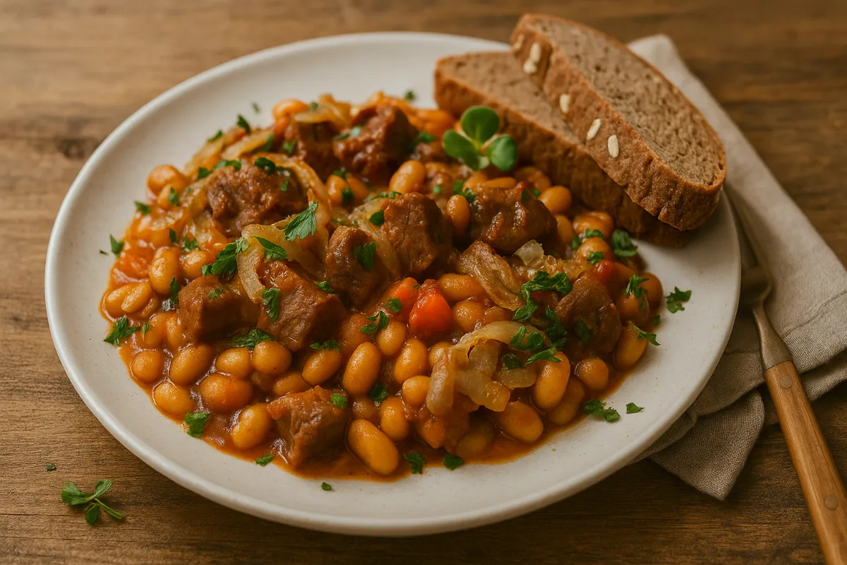 Pečená fazuľa s bravčovou krkovičkou servírovaná v tanieri s chlebom.