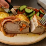 Plnené bravčové karé nakrájané na plátky na servírovacom tanieri s pečenými zemiakmi.