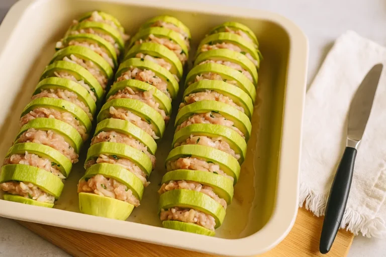 Prekladaná cuketa s mletým mäsom a smotanou v pekáči.