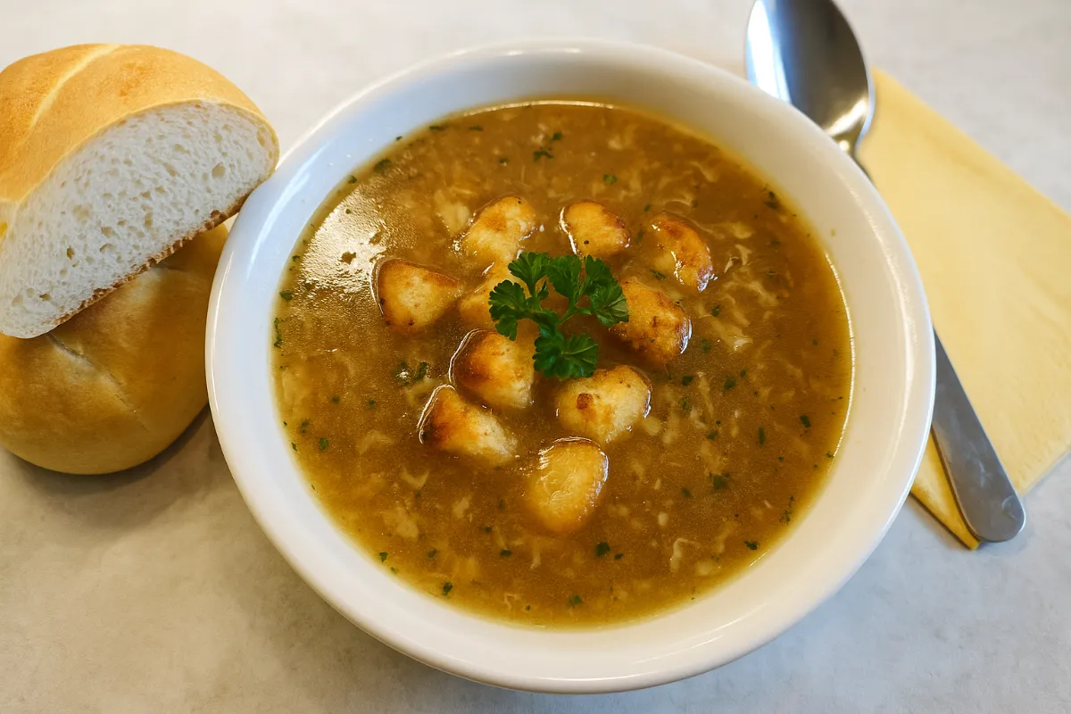 Rýchla rascová polievka s vajcom a krutónmi naservírovaná v bielej miske.