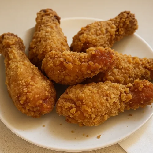 Hromada zlatistých vyprážaných kuracích stehien v štýle KFC na servírovacej doske s miskou dipu.