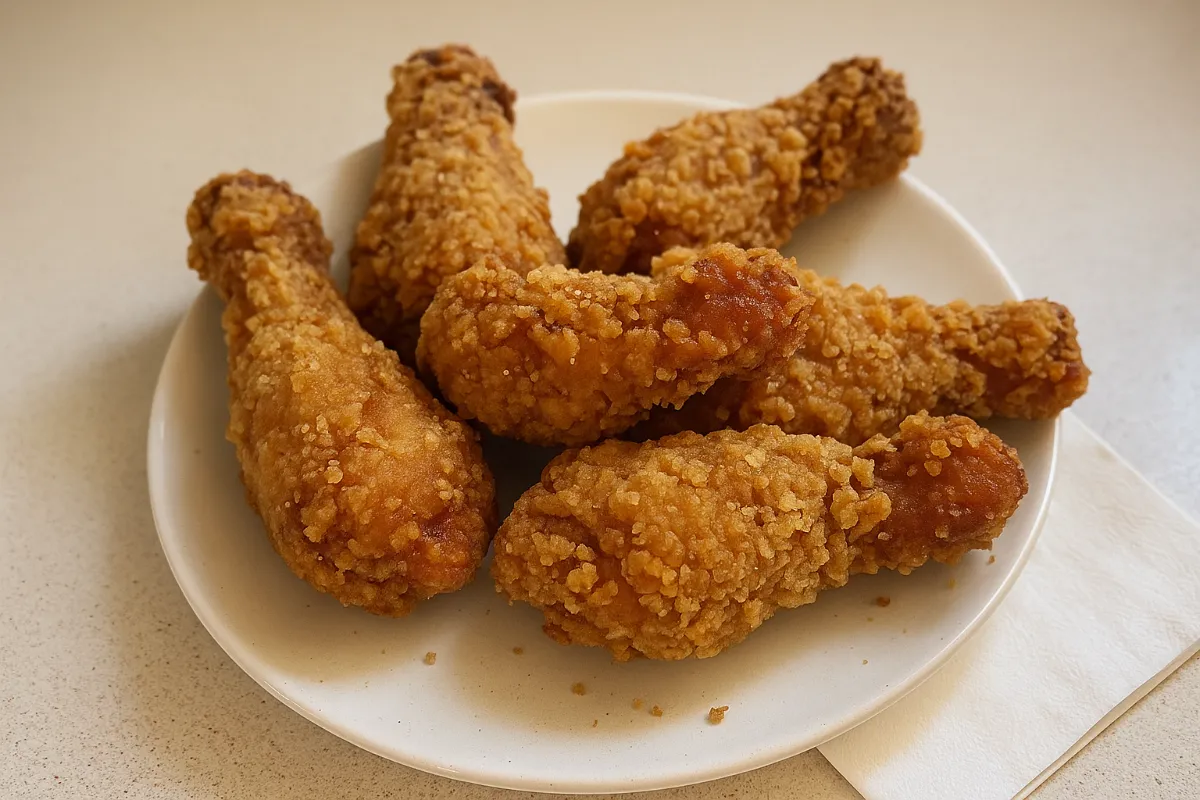 Hromada zlatistých vyprážaných kuracích stehien v štýle KFC na servírovacej doske s miskou dipu.