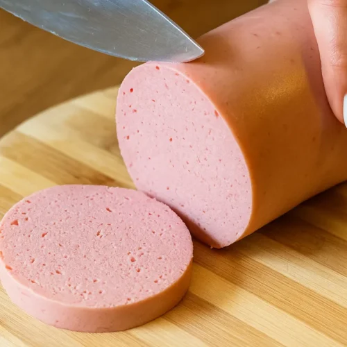 Nakrájaná domáca saláma Junior z kuracieho mäsa na drevenej doske s pečivom.