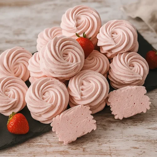 Ružové domáce jahodové marshmallows nastriekané do tvaru kvetiniek na bielom papieri na pečenie.