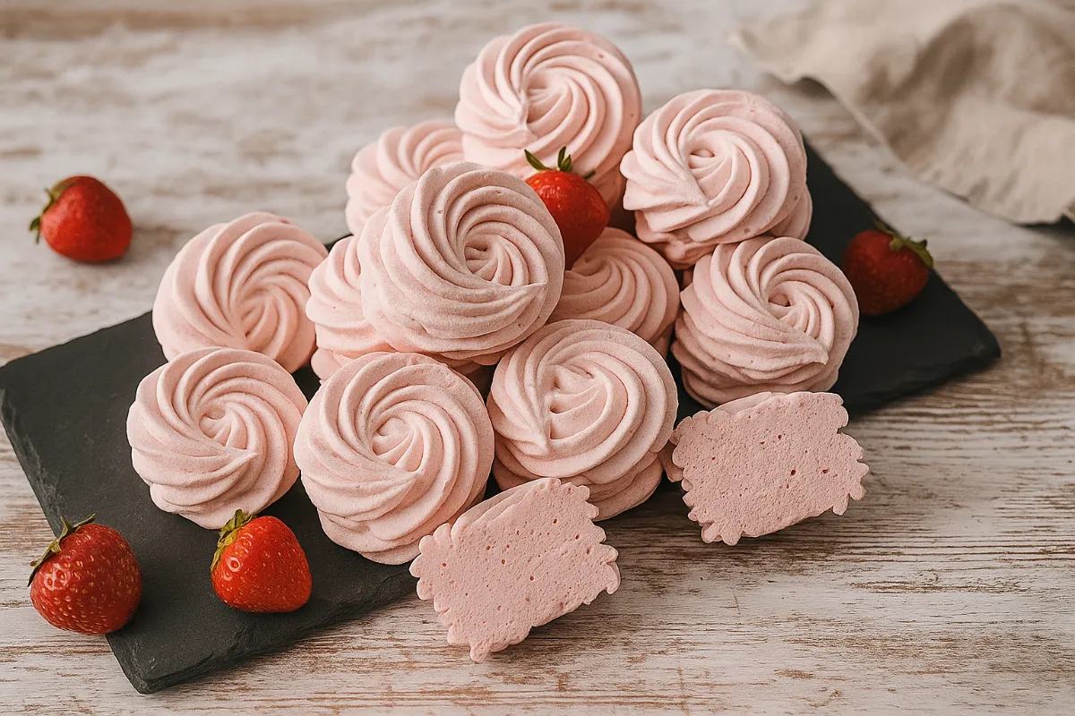 Ružové domáce jahodové marshmallows nastriekané do tvaru kvetiniek na bielom papieri na pečenie.