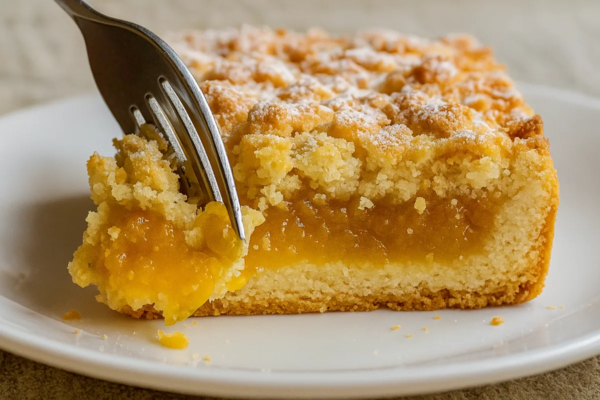 Strúhaný koláč s pomarančovou náplňou na tanieri.