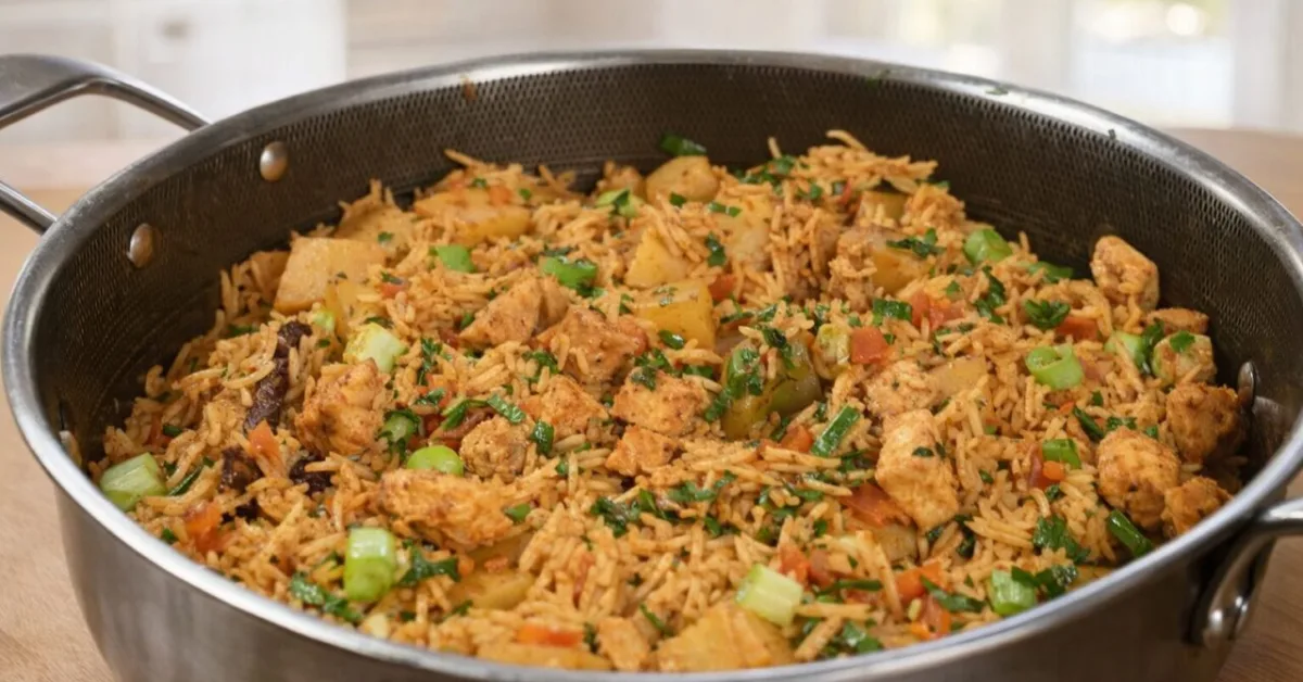 kuracie mäso s ryžou a zeleninou z jedného hrnca