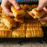 Hromada čerstvo upečených zlatistých pizza rožkov so šunkou a syrom na plechu na pečenie.