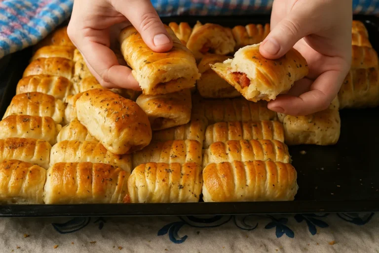 Hromada čerstvo upečených zlatistých pizza rožkov so šunkou a syrom na plechu na pečenie.