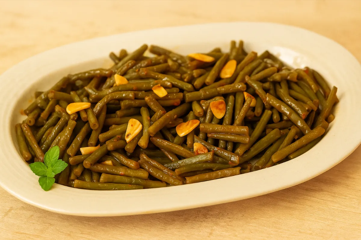 zelené fazuľky na cesnaku